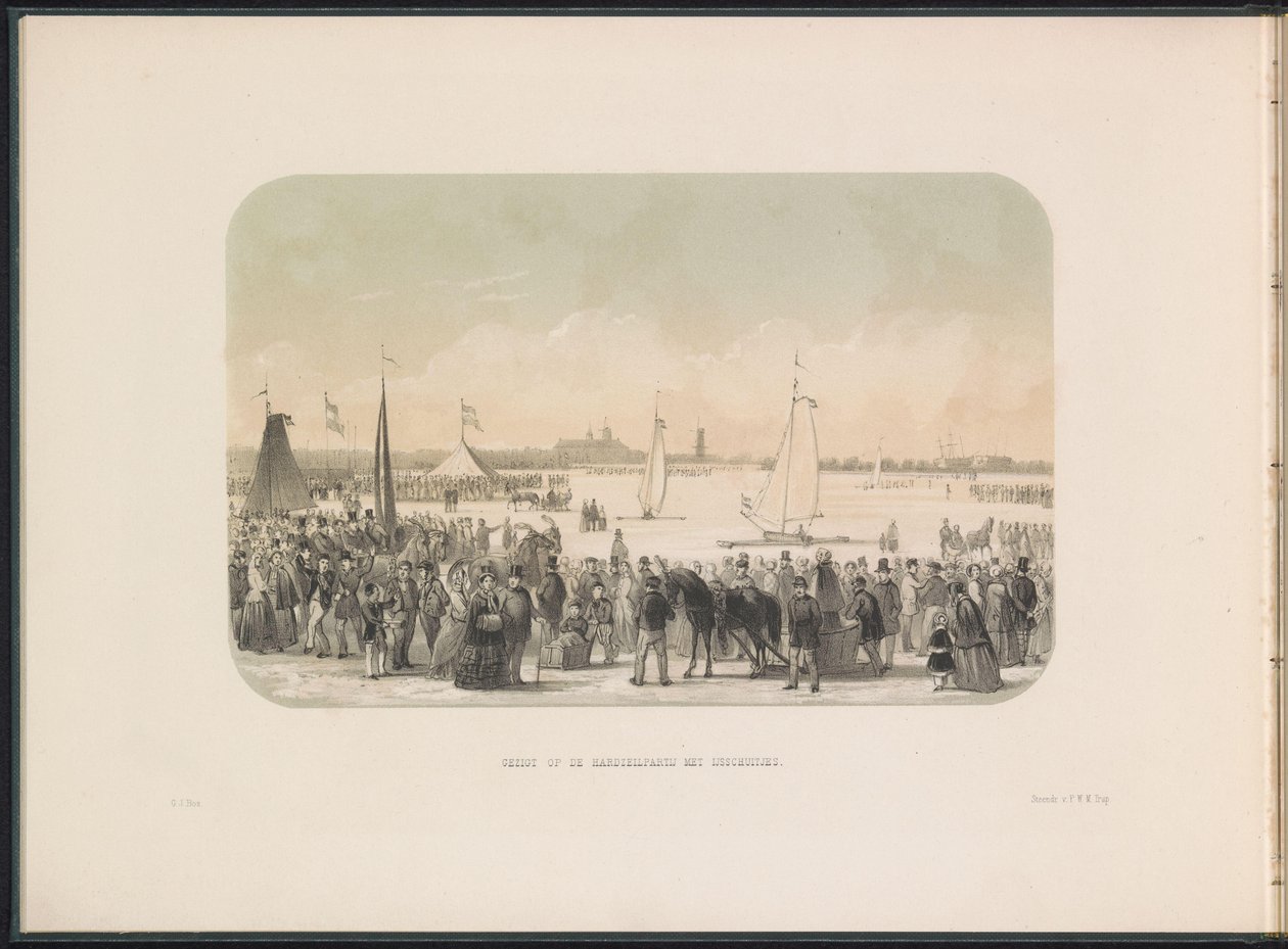 Konkurranse om isseilyachter på Maas i Rotterdam, 1855 Utsikt over hardseilfesten med isbåter (tittel på objekt) Isunderholdningen på Maas i Rotterdam i februar 1855, med bildetekster (serietittel på objekt) av Gerardus Johannes Bos
