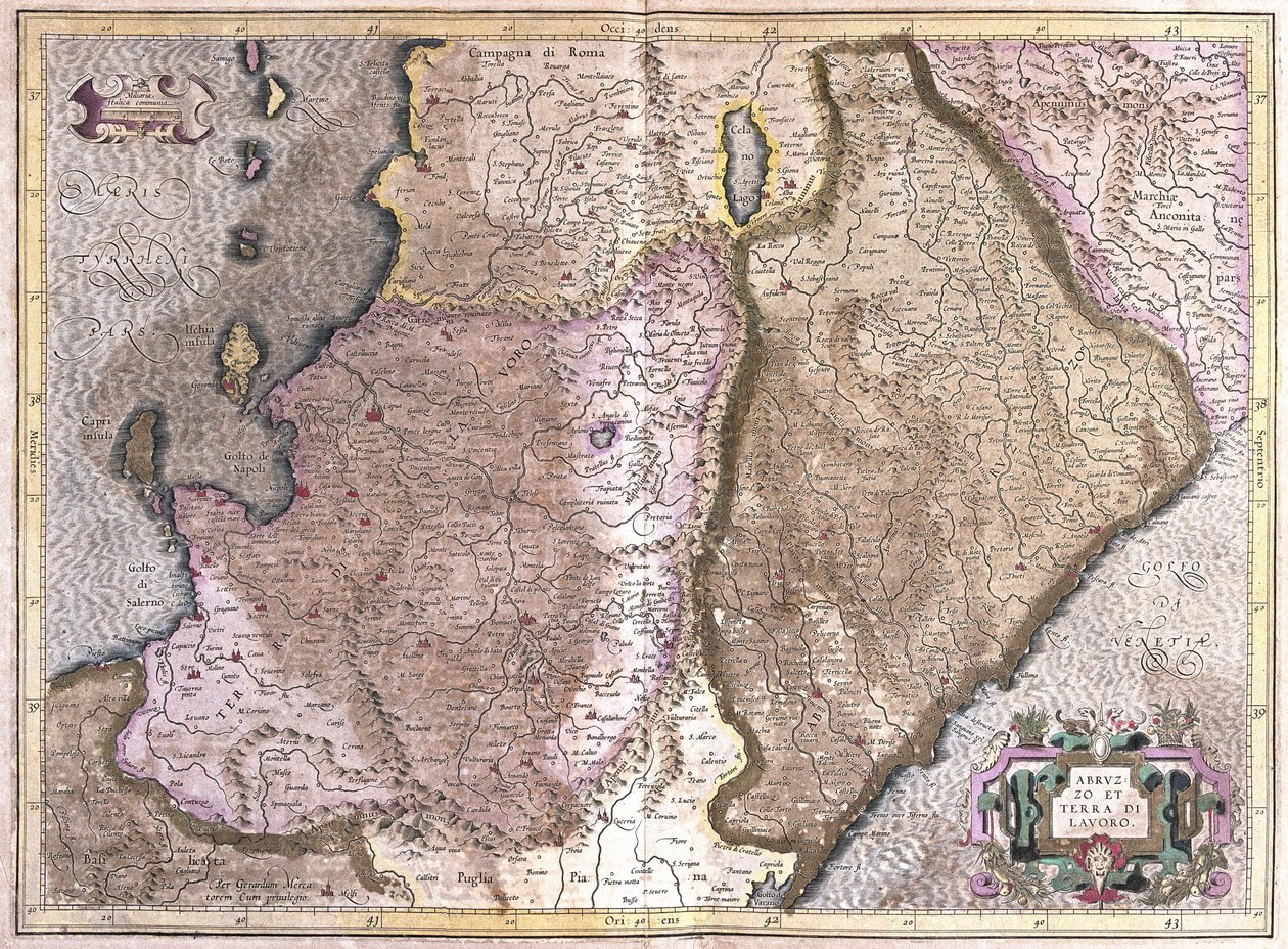 Abruzzo og Campania, Italia (gravering av Gerardus Mercator