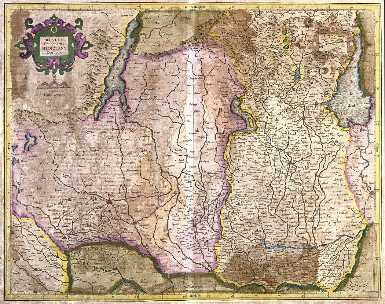 Brescia og Milano, Italia (gravering av Gerardus Mercator