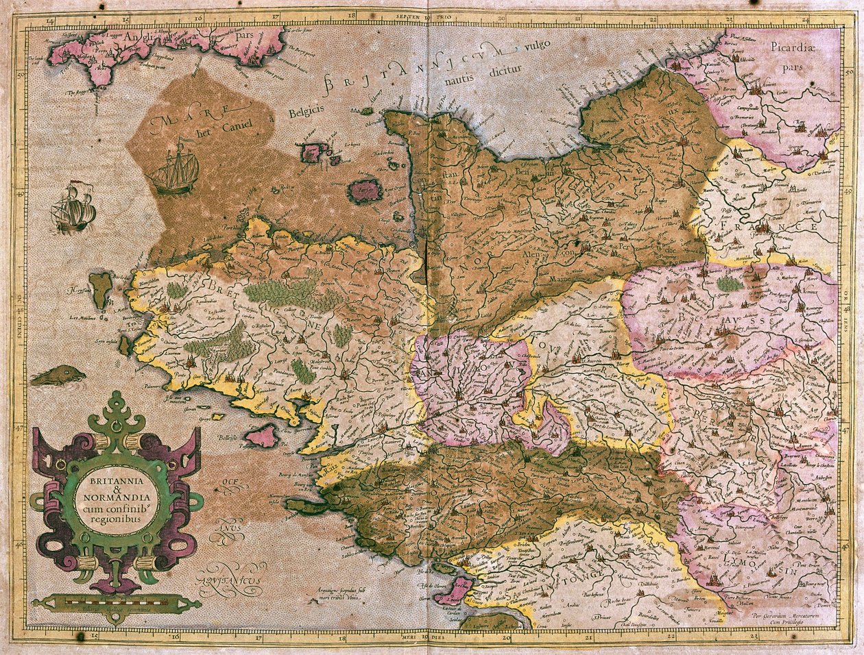 Bretagne og Normandie, Frankrike (gravering av Gerardus Mercator