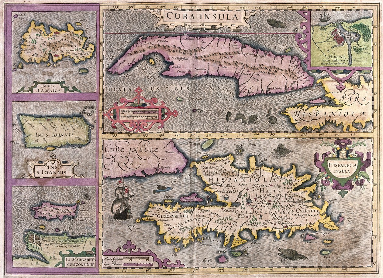 Cuba, Jamaica, Haiti, Puerto Rico (Karibien) (gravering av Gerardus Mercator