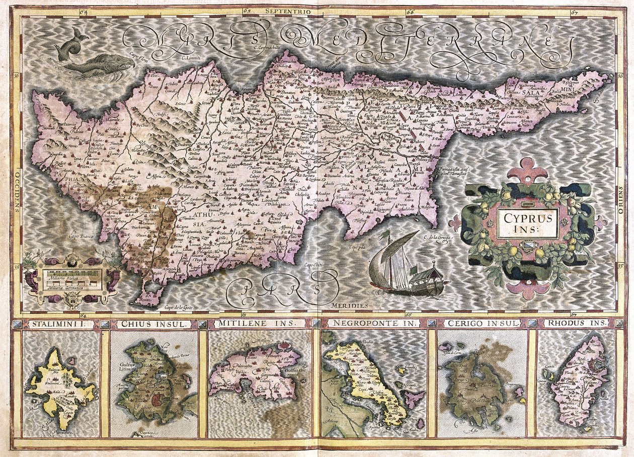 Kypros og øyene Stalimini (Lemnos) Chios, Mitilene, Negroponte, Cerigo og Rhodus (gravering av Gerardus Mercator
