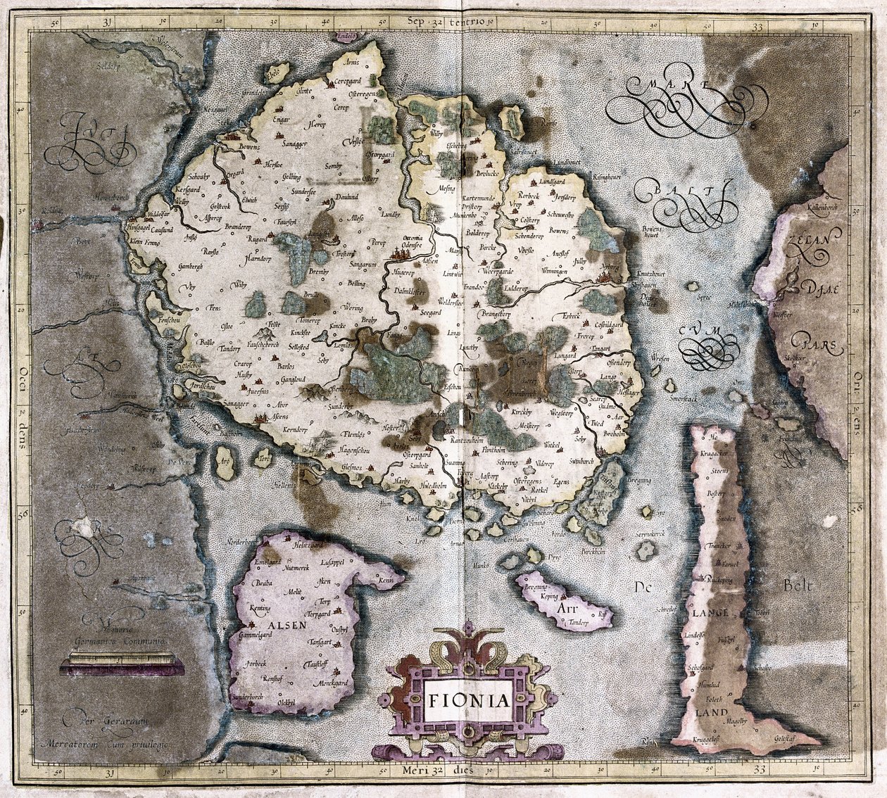 Danmark (øya Langeland med Odense) (gravering av Gerardus Mercator
