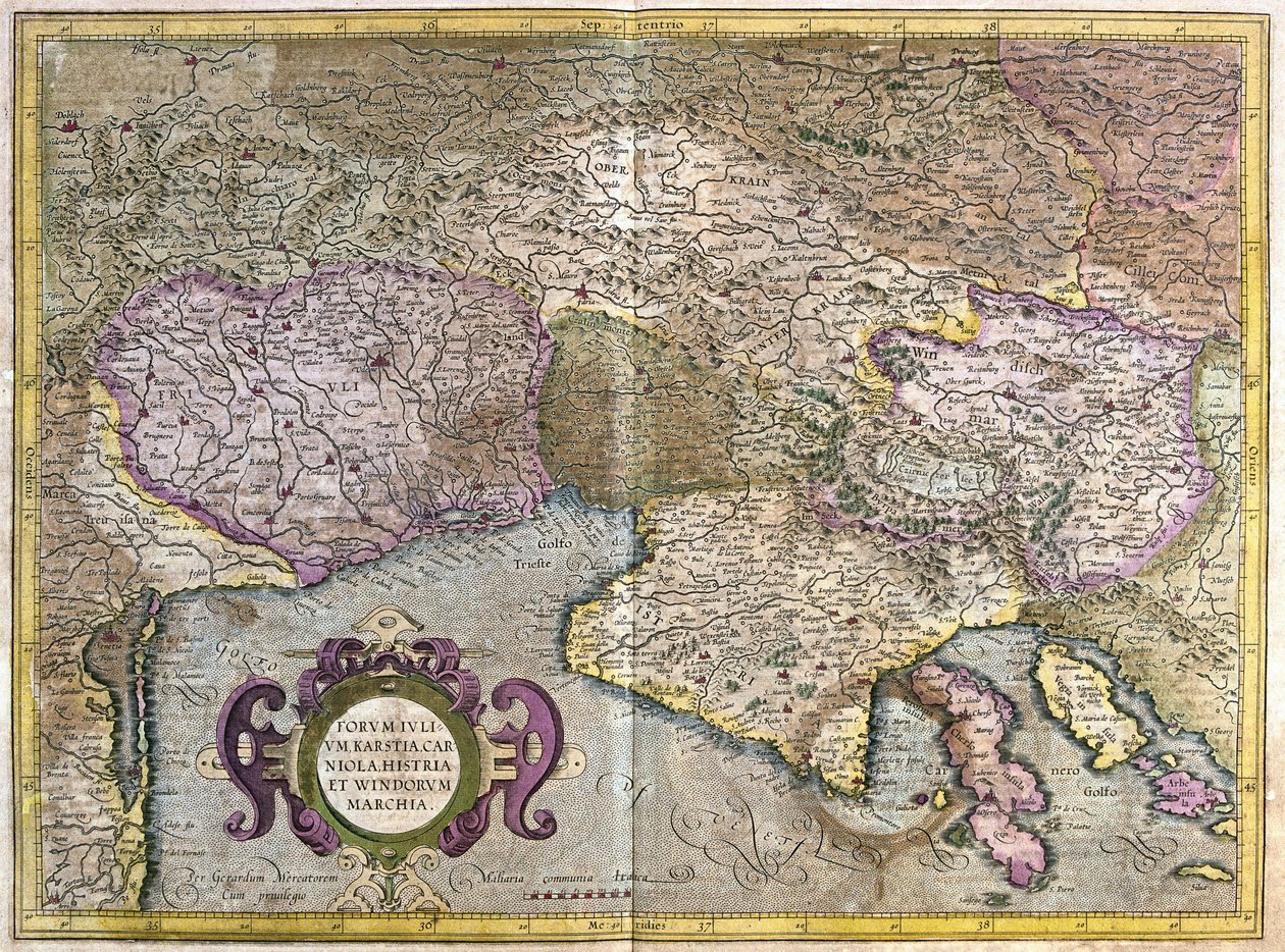 Friuli, Italia - Slovenia (Istria) med Triestebukta og Balkan (gravering av Gerardus Mercator