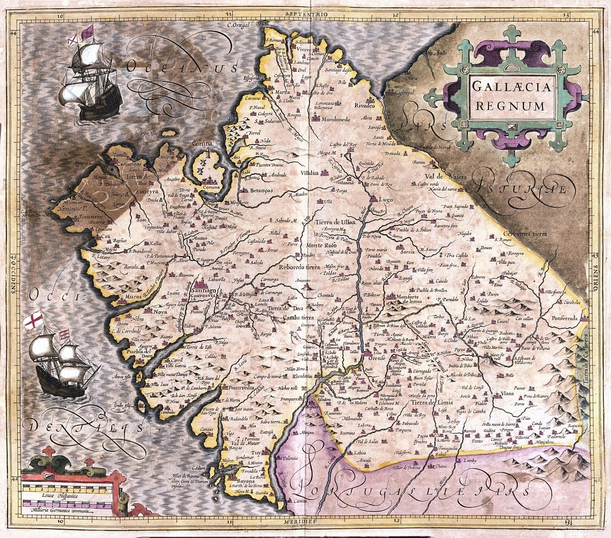 Galicia, Santiago de Compostela, Monforte de Lemos, nordvestlige Spania (gravering av Gerardus Mercator