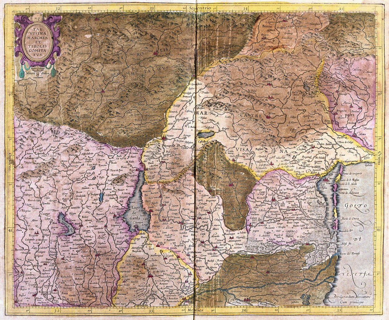 Veneziabukta til Tirol, sentrert på Lago di Garda og Verona, Italia (gravering av Gerardus Mercator