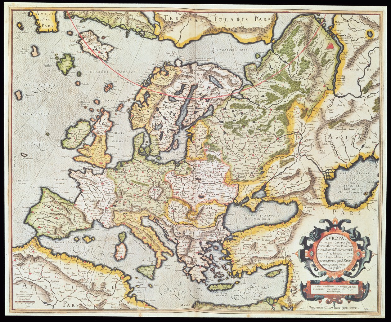 Kart over Europa, ca. 1554 (håndfarget gravering) av Gerardus Mercator