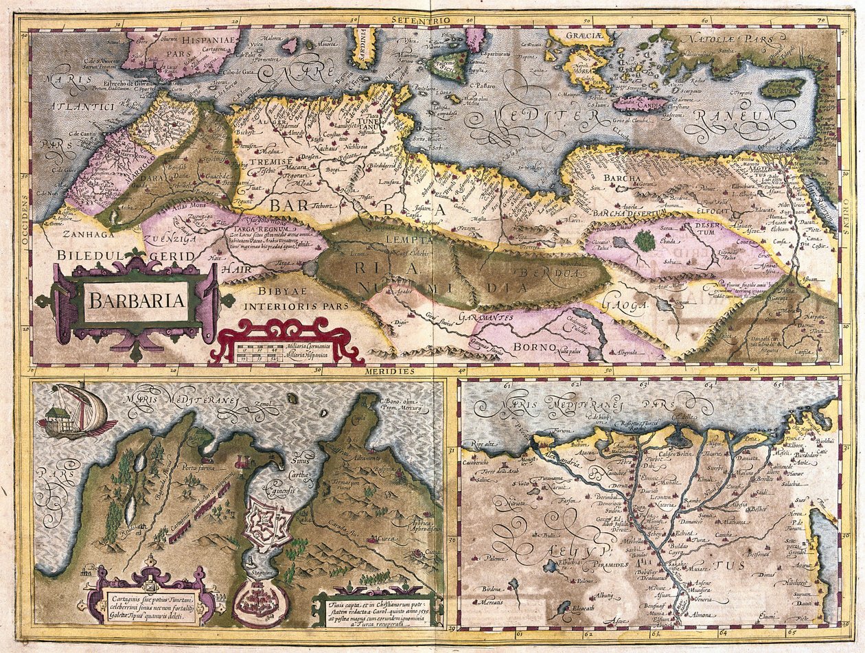 Nord-Afrika med beleiring av Tunis og Nildeltaet (gravering av Gerardus Mercator