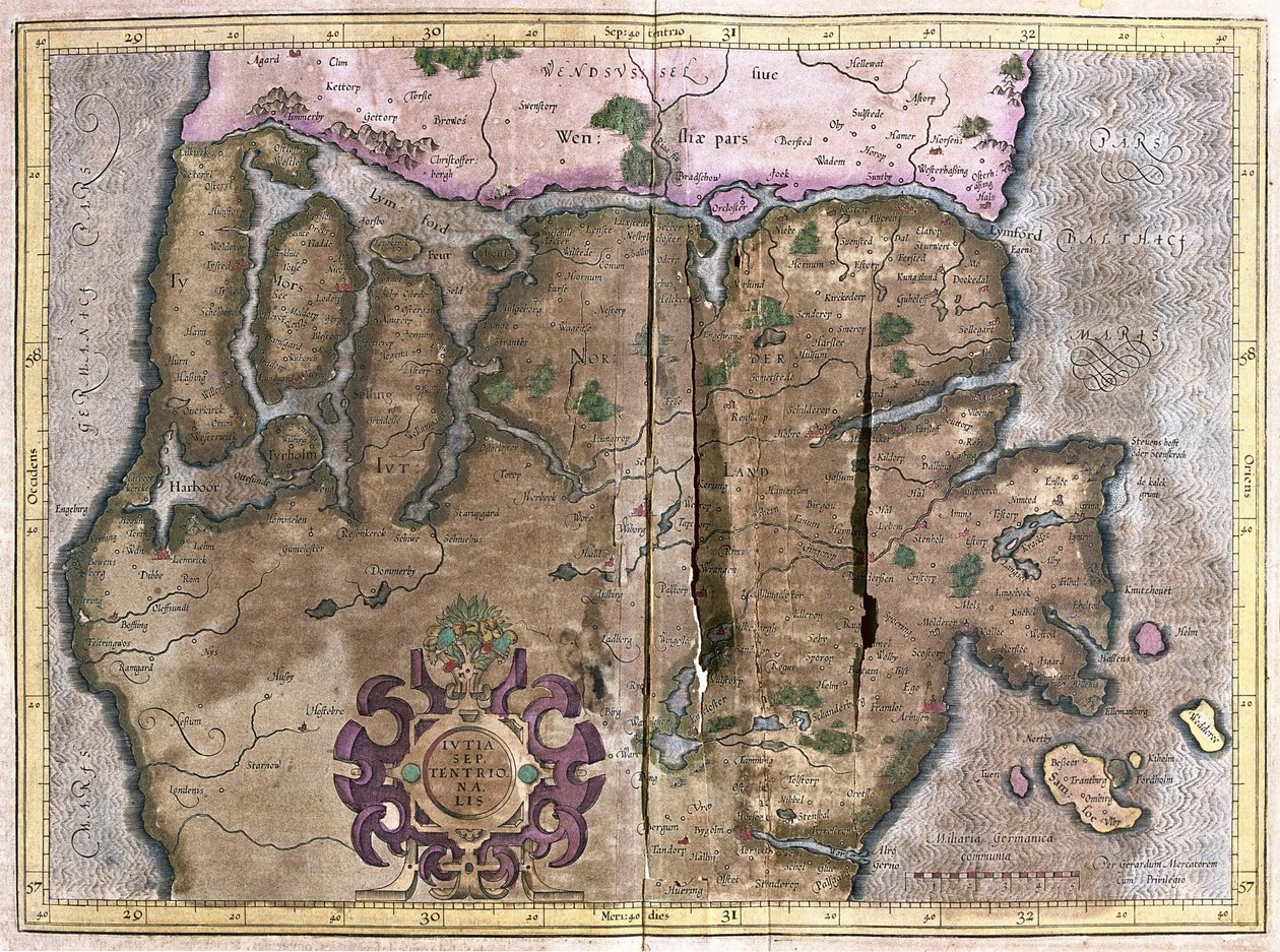 Nordlige del av Jylland, Skandinavia (gravering av Gerardus Mercator