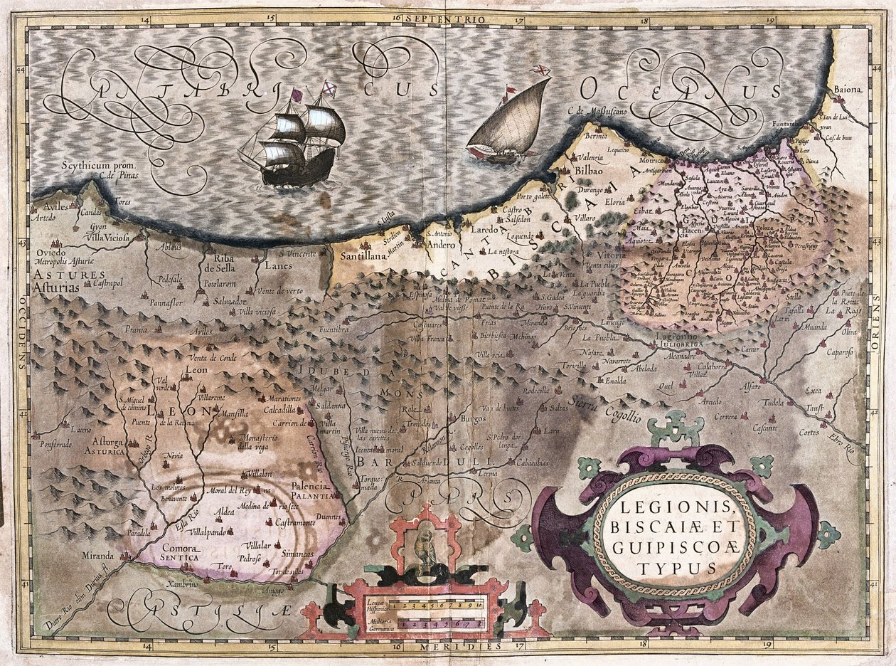 Oviedo, Burgos, Bilbao, Bayonne (Asturias), Spania (gravering av Gerardus Mercator