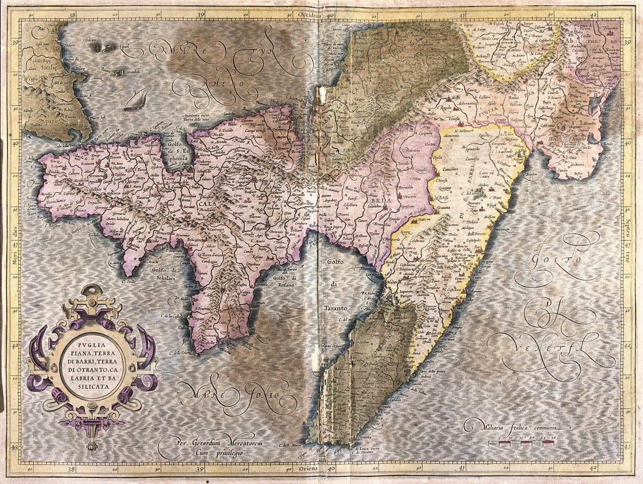 Puglia, Calabria og Basilicata, Italia (gravering av Gerardus Mercator