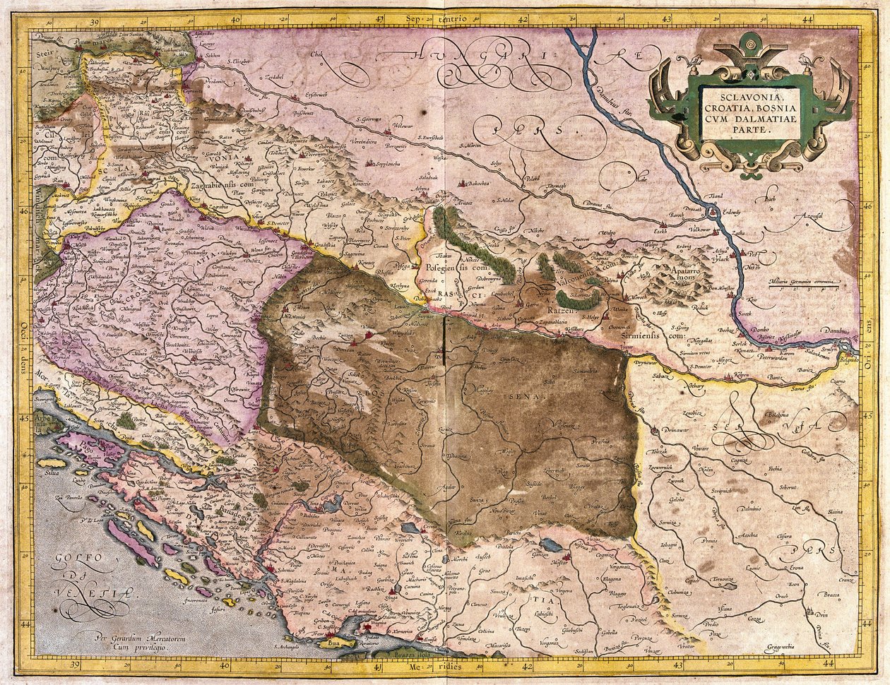 Sclavonia, Kroatia, Bosnia og Dalmatia (gravering av Gerardus Mercator