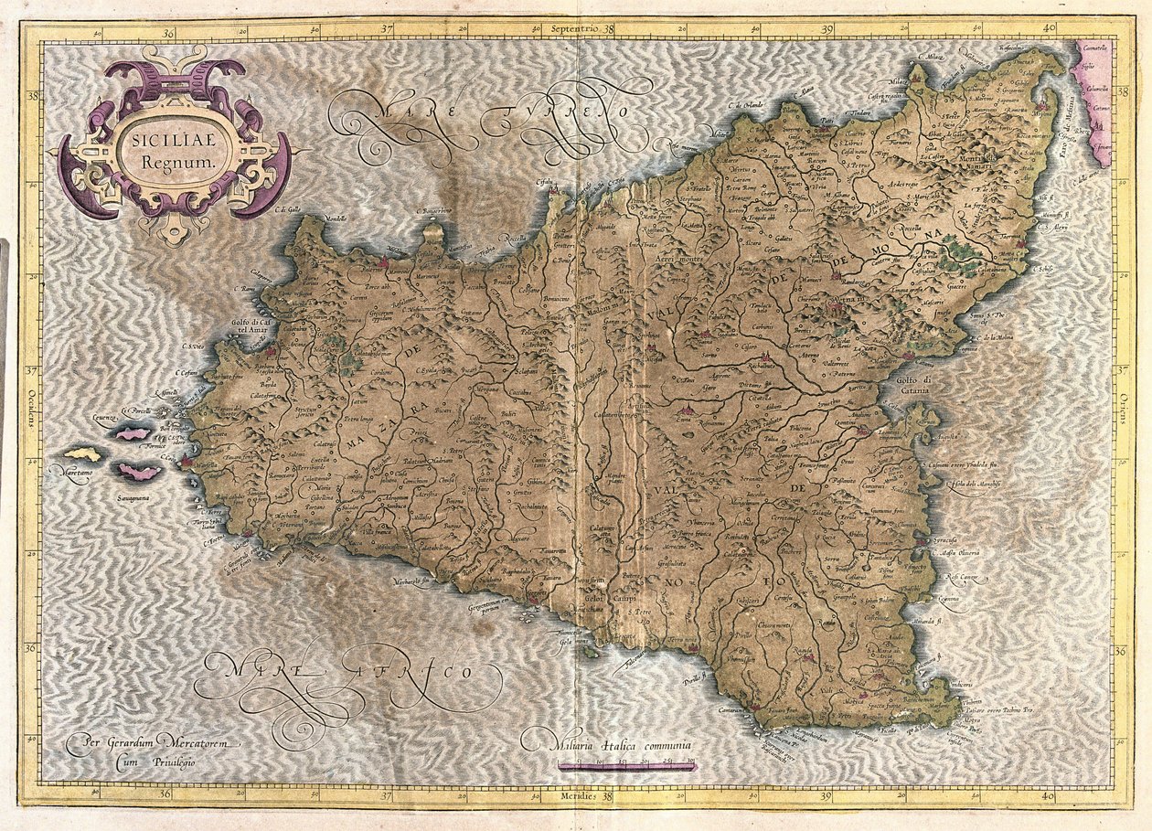 Sicilia, Italia (gravering av Gerardus Mercator