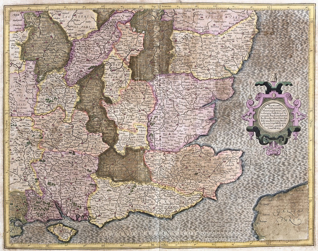 Sørøst-regionen av England inkludert British Channel og London (gravering av Gerardus Mercator