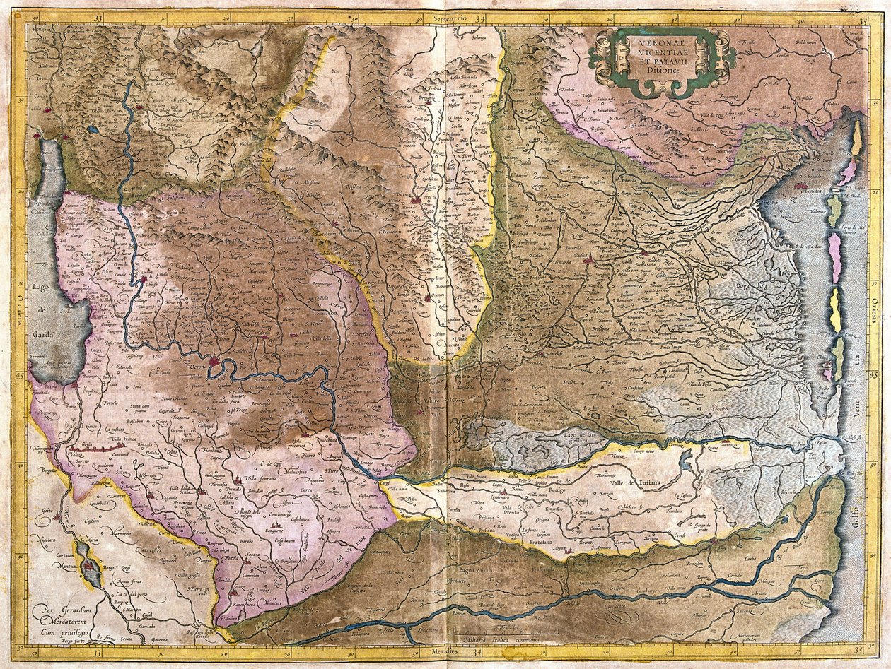 Verona, Vicenza og Padua, Italia (gravering av Gerardus Mercator