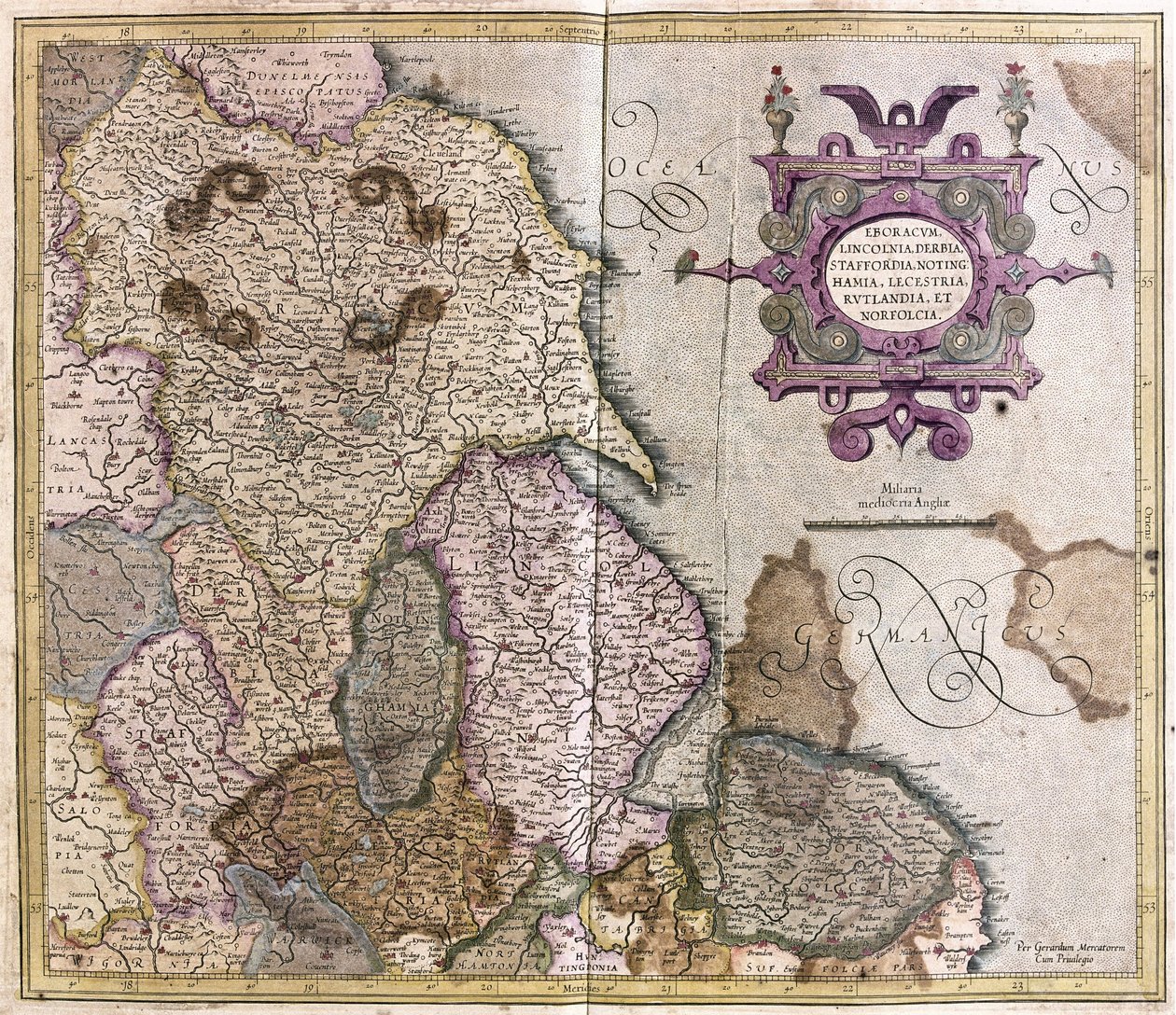 Yorkshire, Lincolnshire, Staffordshire, Nottinghamshire, Leicestershire, Rutland og Norfolf, Storbritannia av Gerardus Mercator