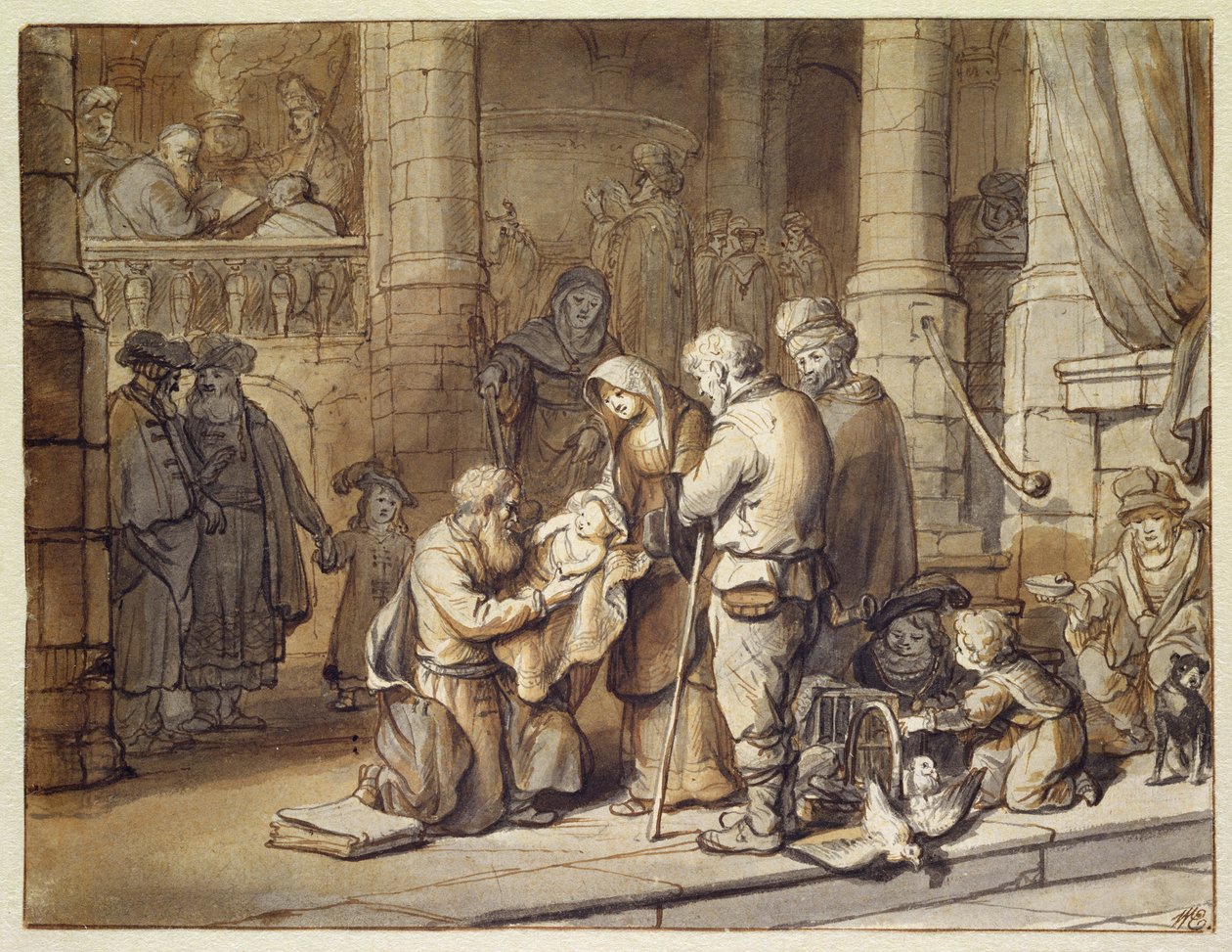 Presentasjonen av Kristus i tempelet (penn og blekk og pensel på papir) av Gerbrand van den Eeckhout