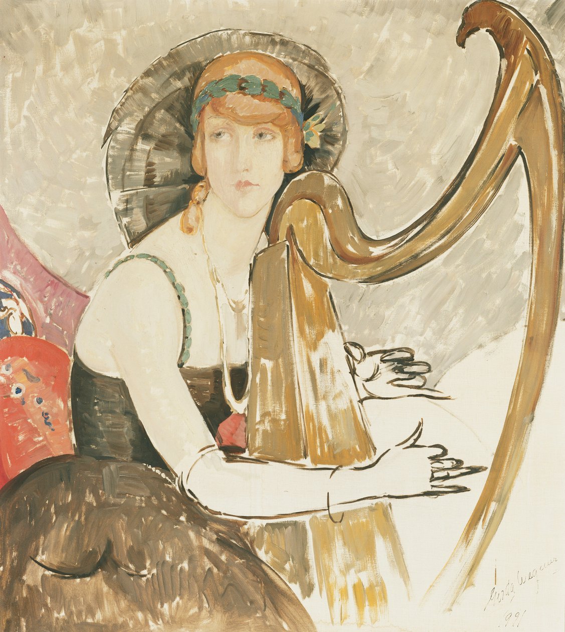 En dame som spiller på en harpe av Gerda Marie Frederike Wegener