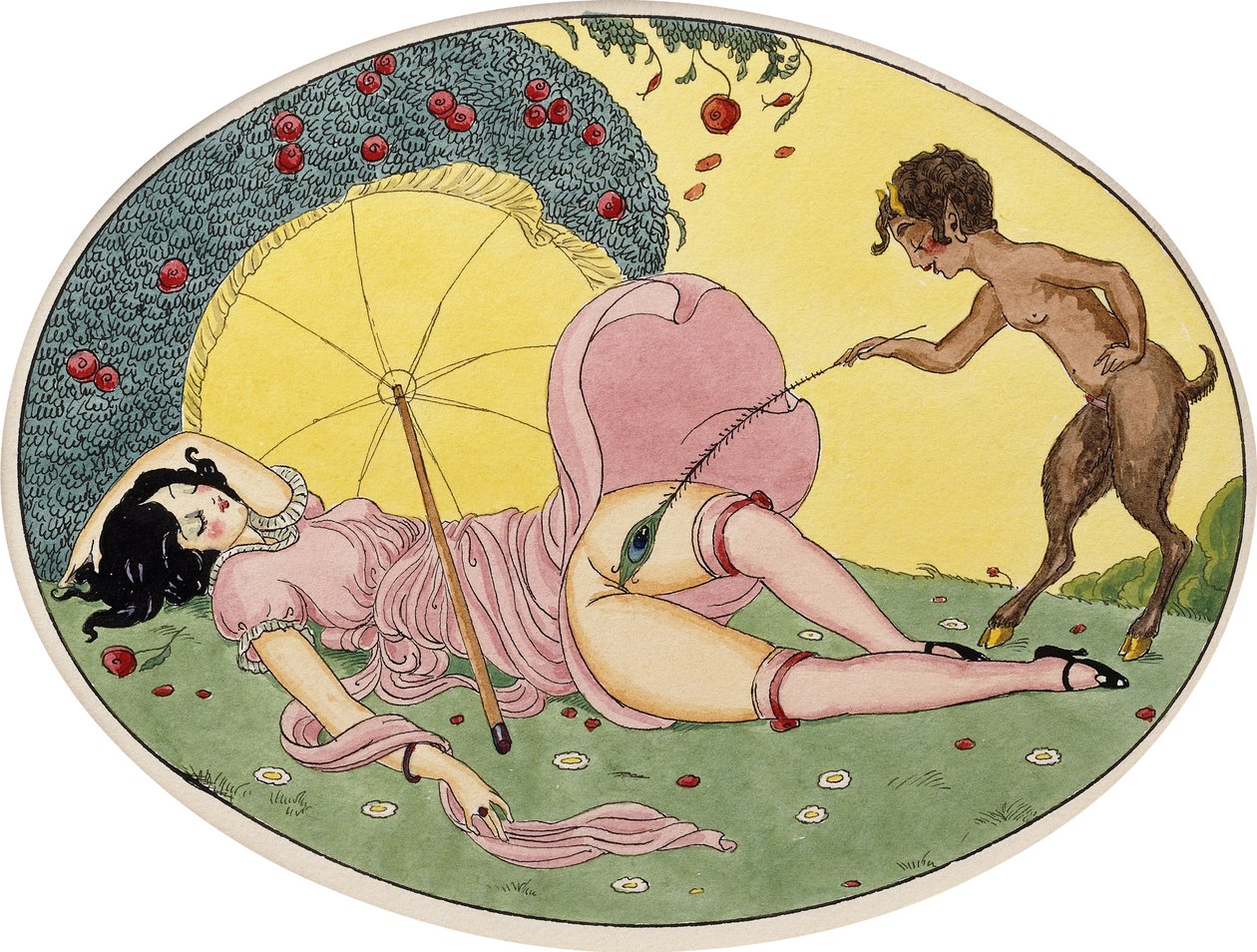 A Satyr and a Young Girl, ca. 1917 (svart blekk og akvarell på et ovalt kort, innrammet) av Gerda Marie Frederike Wegener