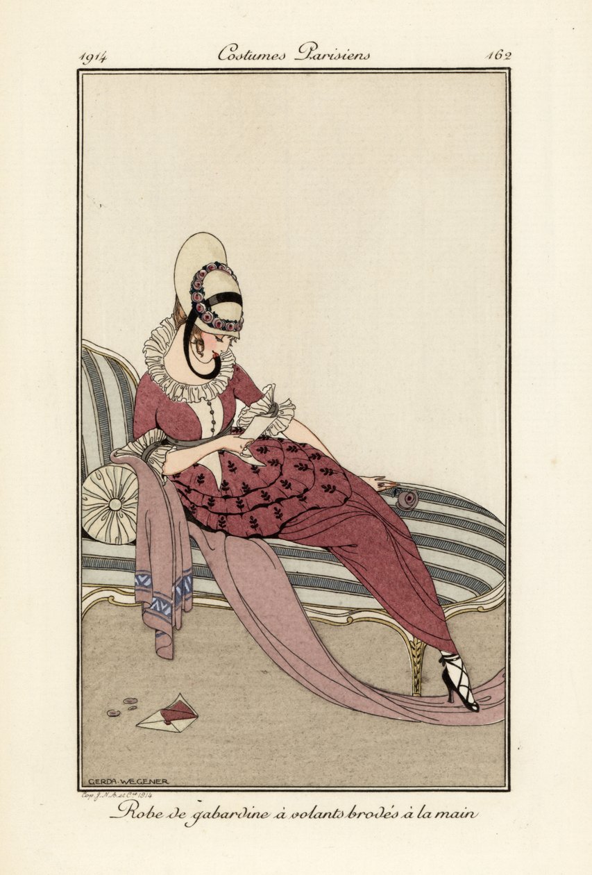Kvinne i gaberdinekjole med håndbroderte volanger. av Gerda Marie Frederike Wegener