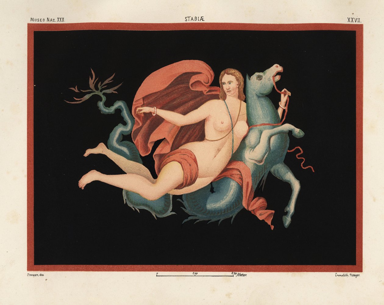En Nereid (sjønymfe) i mantel og armbånd som rir på et sjømonster eller hippocampus, halvparten hest og halvparten fisk. Museo Naz. XXII, Stabiae. Tegnet og kromolitografert av Victor Steeger fra Emile Presuhn (1844-1878) De vakreste maleriene av Pompeii, av Geremia Discanno
