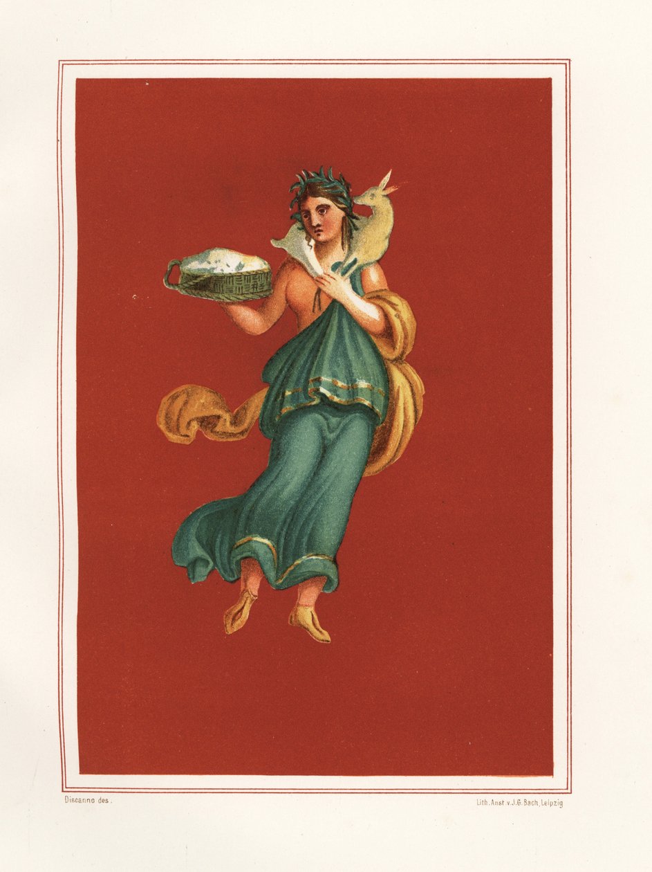 Allegorisk veggmaleri av våren fra vestsiden av atriumet til Regio IX.V.11. Hun holder en ostekurv og bærer et lam over skuldrene. Kromolitografi av JG Bach etter en illustrasjon av Geremia Discanno fra Emile Presuhn (1844-1878) av Geremia Discanno