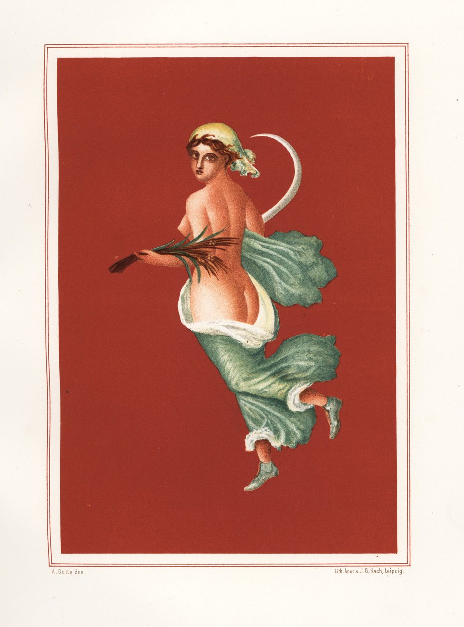 Allegorisk veggmaleri av sommeren fra øst for atriumet til Regio IX.V.11. Hun bærer en sigd og hvete. Kromolitografi av Victor Steeger etter en illustrasjon av Geremia Discanno fra Emile Presuhn (1844-1878) De vakreste maleriene av Po av Geremia Discanno