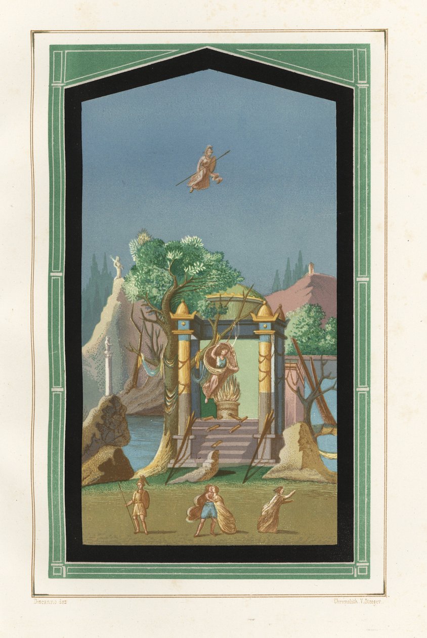 Landskapsmaleri fra Exedra i huset til Vesonius Primus, en fuller. Kromolitografi av Victor Steeger etter en illustrasjon av Geremia Discanno fra Emile Presuhn (1844-1878) De vakreste maleriene i Pompeii, Leipzig av Geremia Discanno