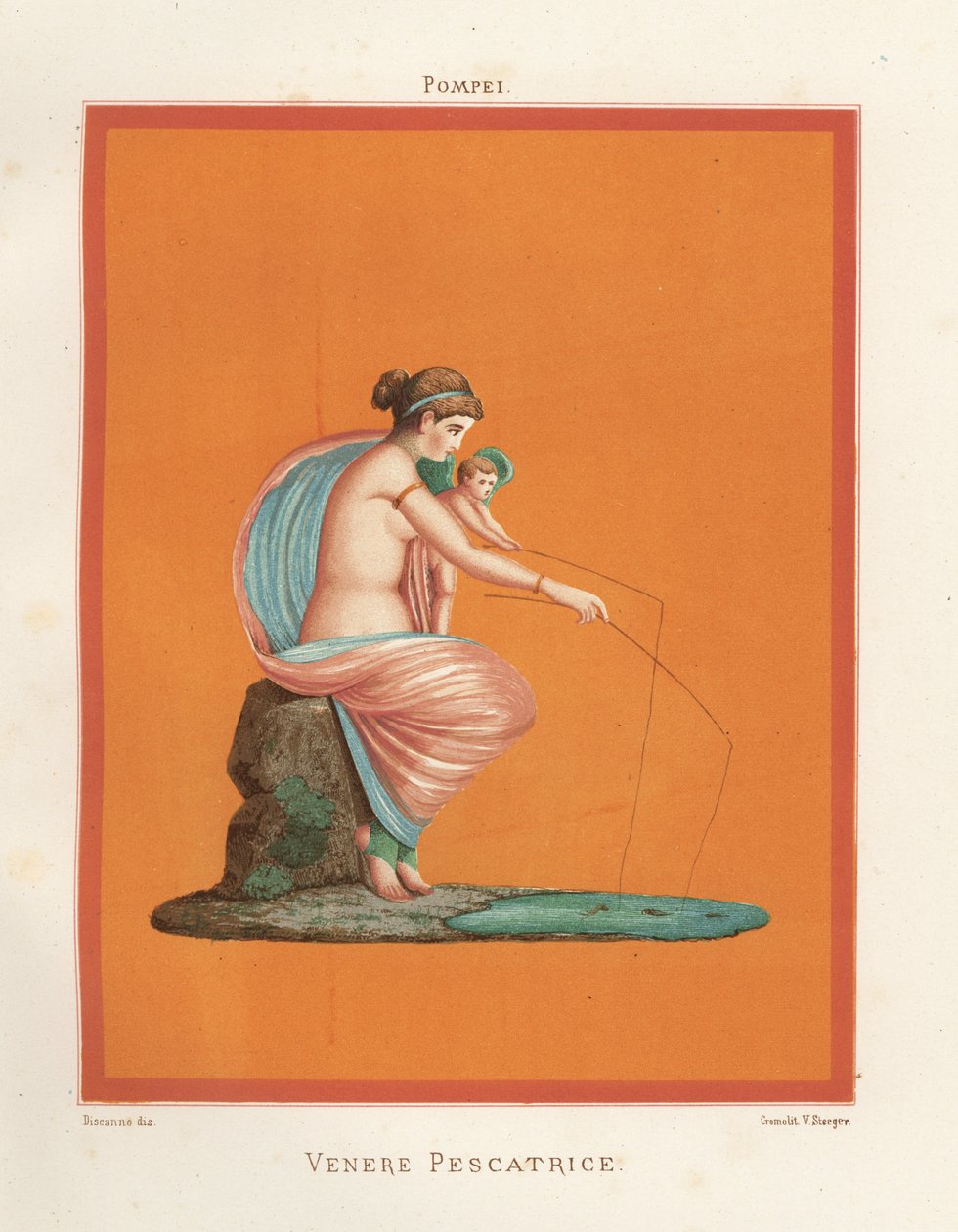 Veggmaleri av Venus og amorfiske med stenger fra en dam. Funnet i Regio VV3, Gladiatorenes hus. Kromolitografi av Victor Steeger etter en illustrasjon av Geremia Discanno fra Emile Presuhn (1844-1878) De vakreste maleriene av Pompeii, av Geremia Discanno