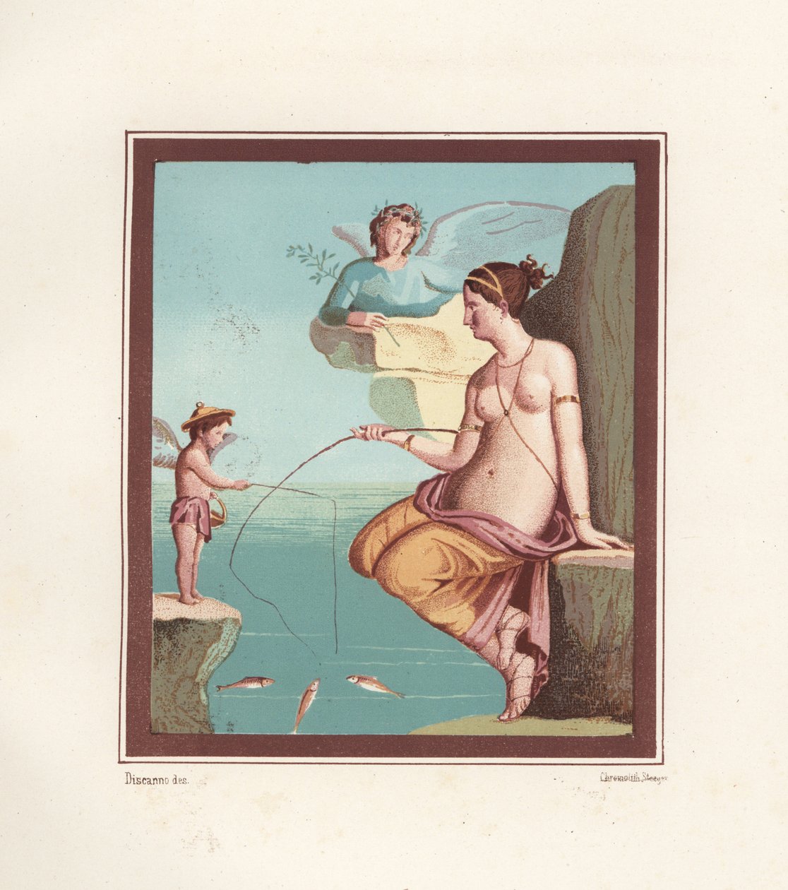 Veggmaleri av Venus og amorfiske med stenger fra havet. Funnet i Regio VI.XIV.28, Taberna Lusoria. Kromolitografi av Victor Steeger etter en illustrasjon av Geremia Discanno fra Emile Presuhn (1844-1878) De vakreste maleriene av Pompeii, Lei av Geremia Discanno