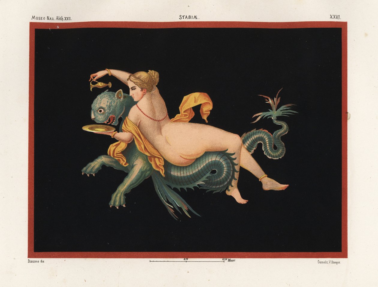 Nereid havsnymfe støttet av et monster, halv panter og halv fisk. Museo Naz. XXII, Stabiae. Kromolitografi av Victor Steeger etter en illustrasjon av Geremia Discanno fra Emile Presuhn (1844-1878) De vakreste maleriene i Pompeii, Leipzig av Geremia Discanno