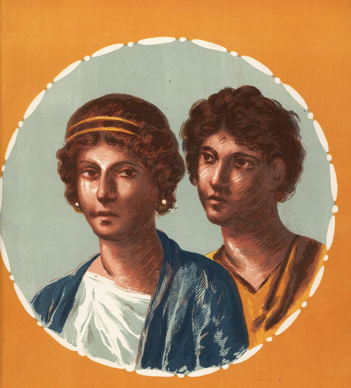 Portrett av en mann og kvinne fra et uidentifisert hus i Pompeii. Kromolitografi av Victor Steeger etter en illustrasjon av Geremia Discanno fra Emile Presuhn (1844-1878) De vakreste maleriene i Pompeii, Leipzig av Geremia Discanno