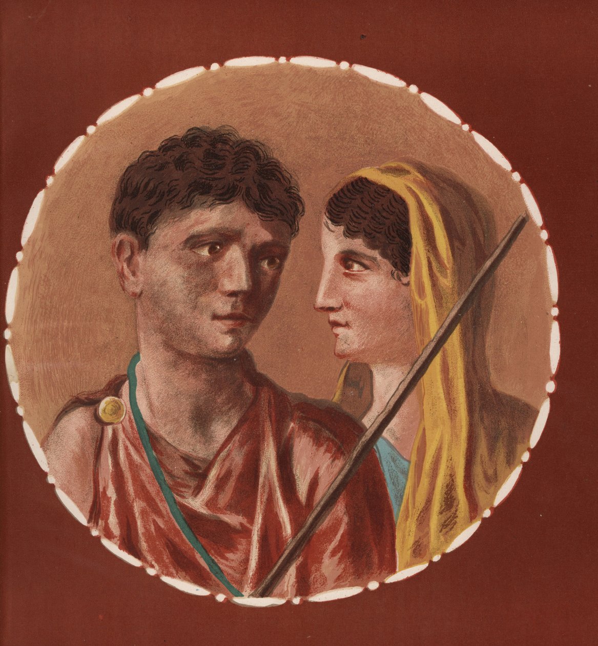 Portrett av en mann og kvinne fra et uidentifisert hus i Pompeii. Kromolitografi av Victor Steeger etter en illustrasjon av Geremia Discanno fra Emile Presuhn (1844-1878) De vakreste maleriene i Pompeii, Leipzig av Geremia Discanno