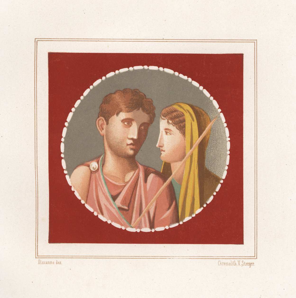 Portrett av en mann og kvinne fra et uidentifisert hus i Pompeii. Kromolitografi av Victor Steeger etter en illustrasjon av Geremia Discanno fra Emile Presuhn (1844-1878) De vakreste maleriene i Pompeii, Leipzig av Geremia Discanno