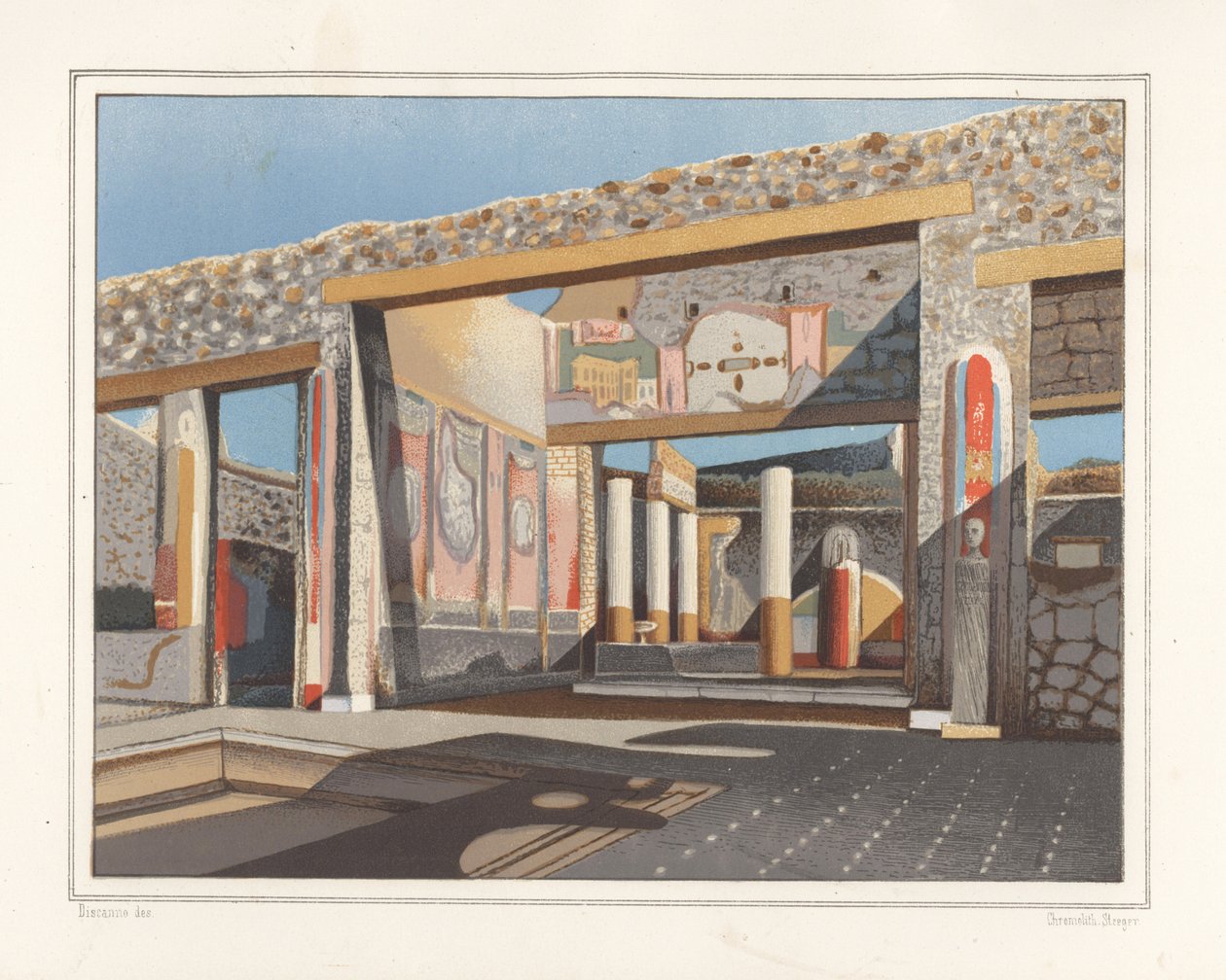 Utsikt over tablinum, et rom utenfor atriet, i huset til bankmannen Lucius Caecilis Iucundus, Reg V, Ins 1, 26. Kromolitografi av Victor Steeger etter en illustrasjon av Geremia Discanno fra Emile Presuhn (1844-1878) Den vakreste Malerier av av Geremia Discanno
