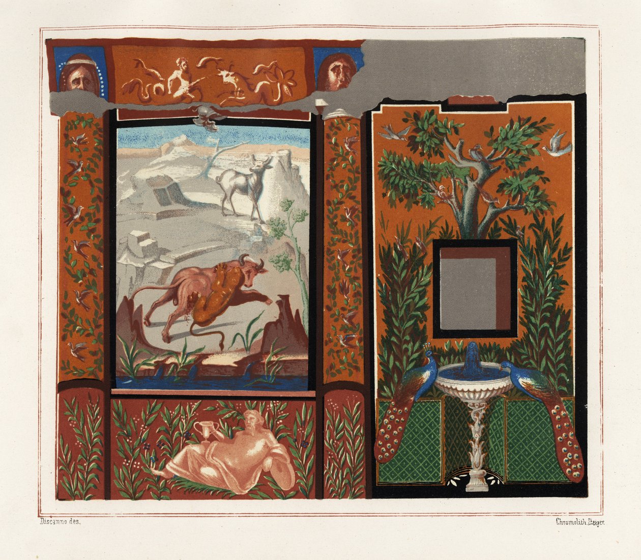 Veggmaleri i et viridarium (hage) av en tiger som angriper en okse, og påfugler på en fontene, fra House with the Inscribed Pictures, Regio V, Insula I, N. 18. Kromolitografi av Victor Steeger etter en illustrasjon av Geremia Discanno fra Emile Presu av Geremia Discanno