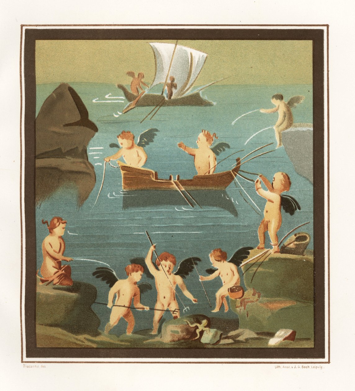 Veggmaleri av cupids som leker, fisker, seiler fra en cubiculum i House of the Restaurant (Casa di Lupanare Piccolo) på 14, Regio IX, Insula V. Chromolithograph av JG Bach etter en illustrasjon av Geremia Discanno fra Emile Presuhn (1844-1878) ) T av Geremia Discanno