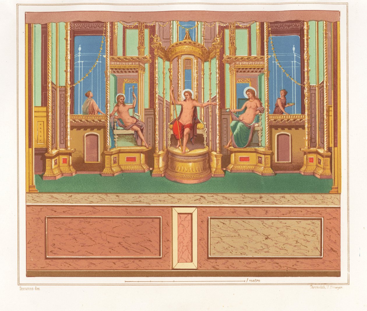 Veggmaleri som viser Bacchus, Venus og Apollo fra et bortgjemt sitteområde i et hjørne av en hage i Domus M. Herenulli Communis eller House of Apollo, Reg. VI, Ins. VII, nr. 23. Kromolitografi av Victor Steeger etter en illustrasjon av Geremia Discan av Geremia Discanno