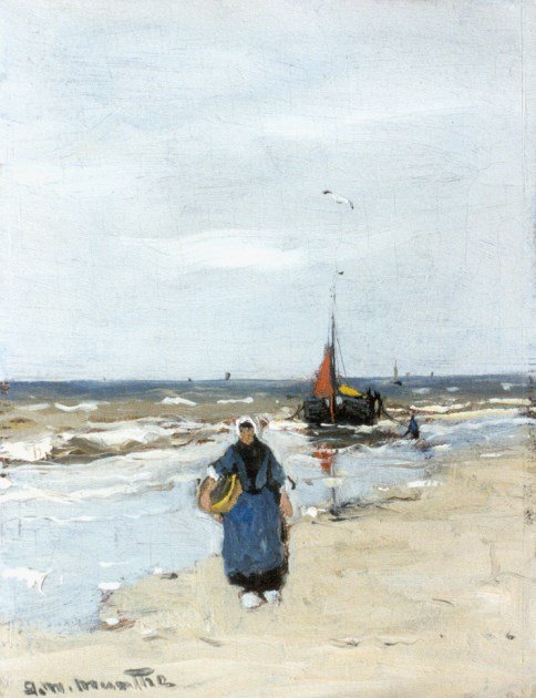 Fisherwoman på stranden i Katwijk av Gerhard Morgenstjerne Munthe