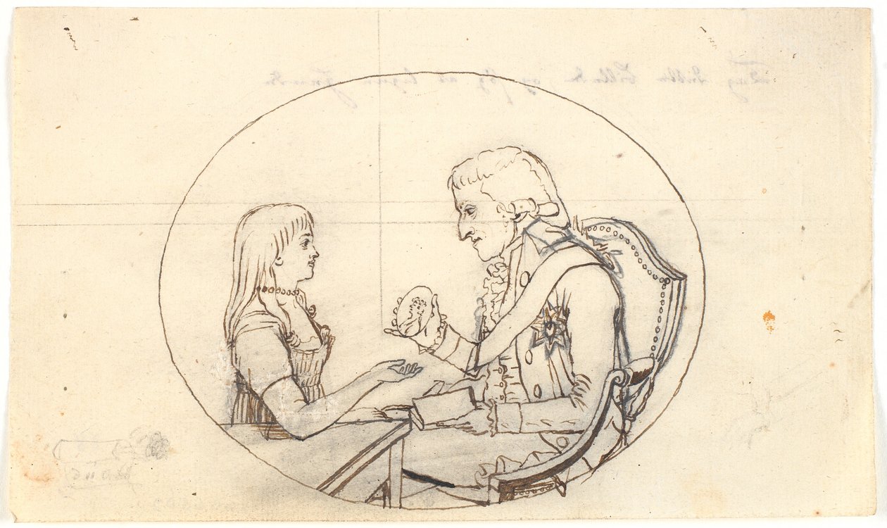 Kronprins Frederik med kronprinsen (Chr. VIII) viser et portrett av avdøde kronprinsesse Sofie Frederikke av Gerhard Ludvig Lahde