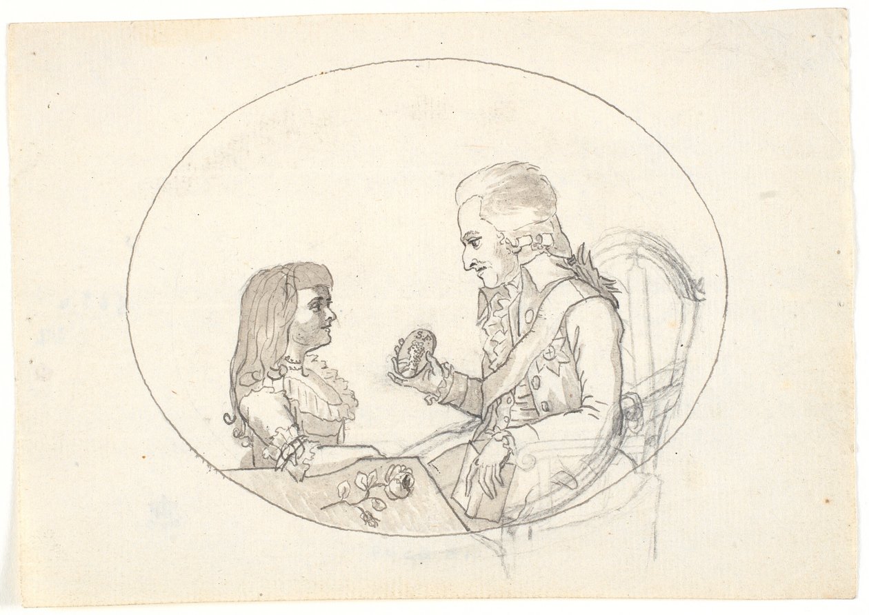 Kronprins Frederik med kronprinsen (Chr. VIII) viser et portrett av avdøde kronprinsesse Sofie Frederikke av Gerhard Ludvig Lahde