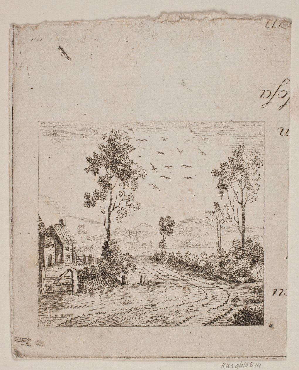 Landskap med hus ved vei med tre og flygende fugler av Gerhard Ludvig Lahde