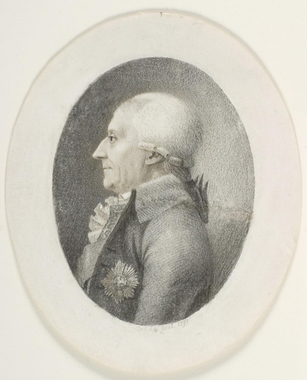 Portrett av A.P. Bernstorff, greve, statsminister (1735-1797). Bystebilde. Profil til venstre av Gerhard Ludvig Lahde