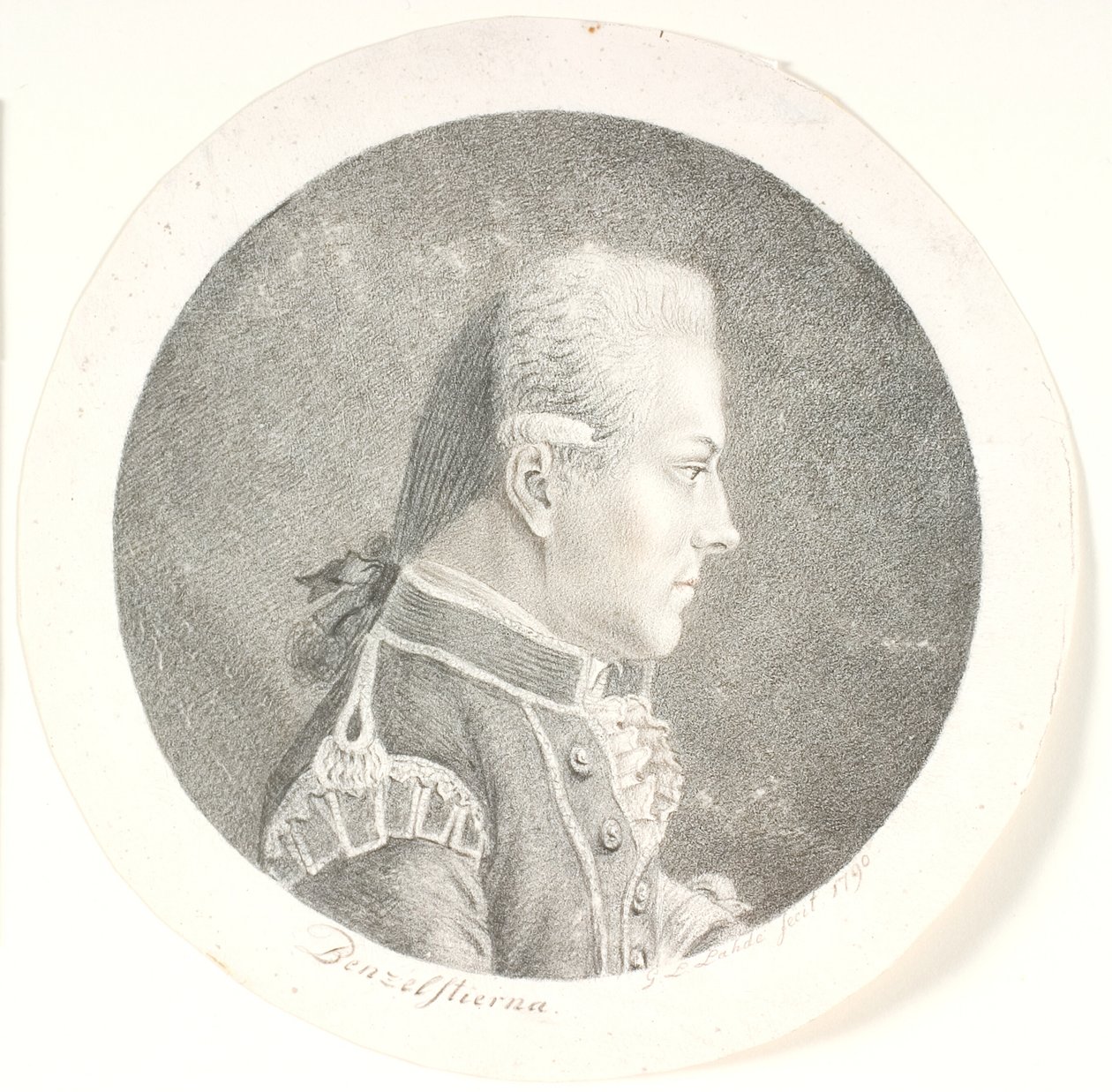 Portrett av Lars Benzelstjerne, svensk sjøoffiser (1759-1808). Bystebilde. Profil til høyre av Gerhard Ludvig Lahde