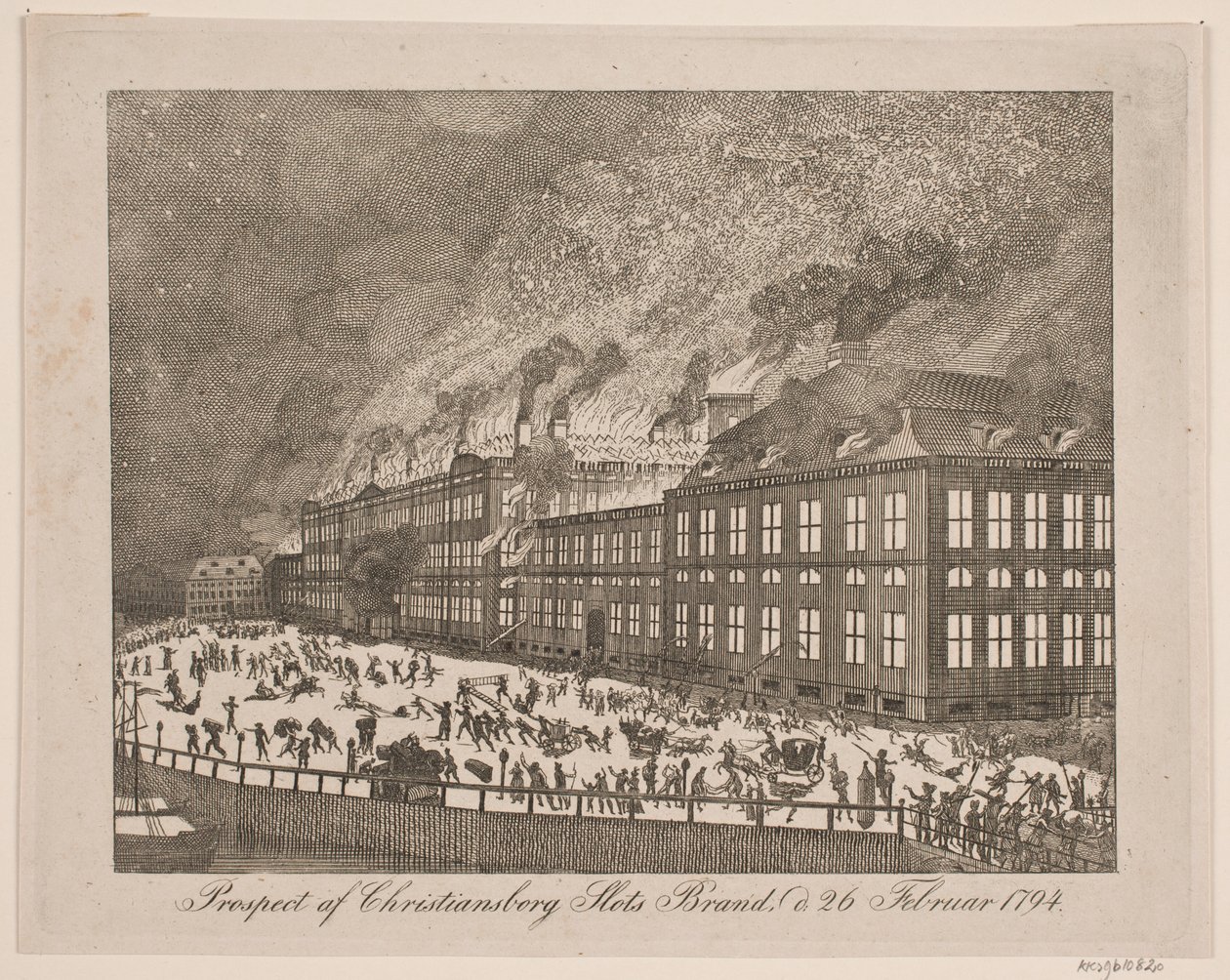 Prospekt for Christiansborg slotts brann 26. februar 1794 av Gerhard Ludvig Lahde