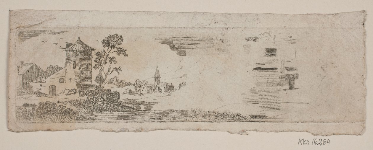 Eksempelark av landskap med slott og kirke av Gerhard Ludvig Lahde