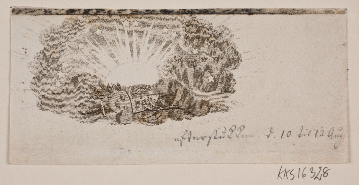 Vignetten med armene til de tre nordiske kongedømmene i skyer foran solen av Gerhard Ludvig Lahde