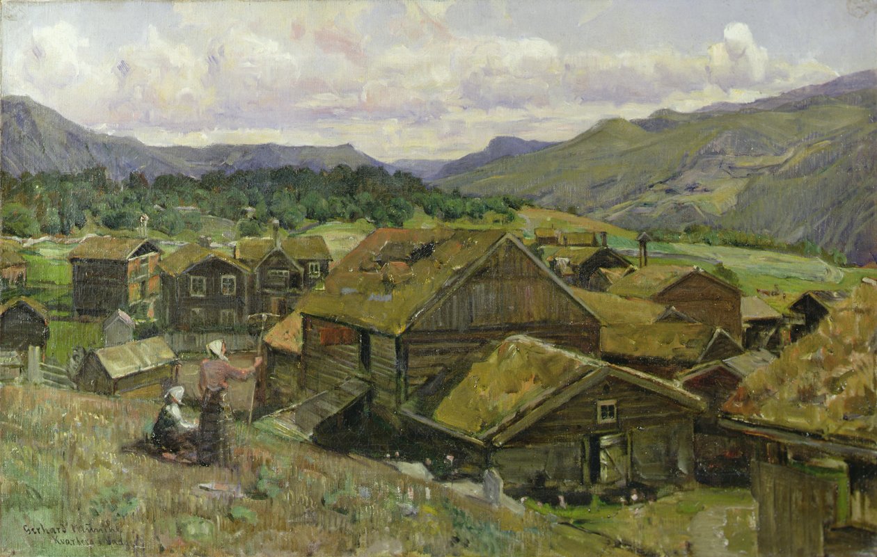 En norsk landsby med to kvinner (olje på lerret) av Gerhard Peter Frantz Vilhelm Munthe