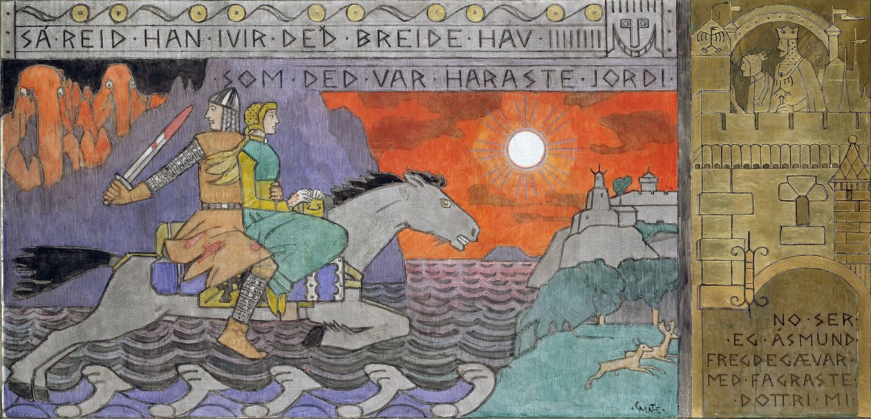 Asmund og prinsessen rir hjem - Munthe, Gerhard (1849-1929) - 1902-1904 - Olje på lerret - 62x126,5 - Nasjonalmuseet for kunst, Oslo av Gerhard Peter Frantz Vilhelm Munthe
