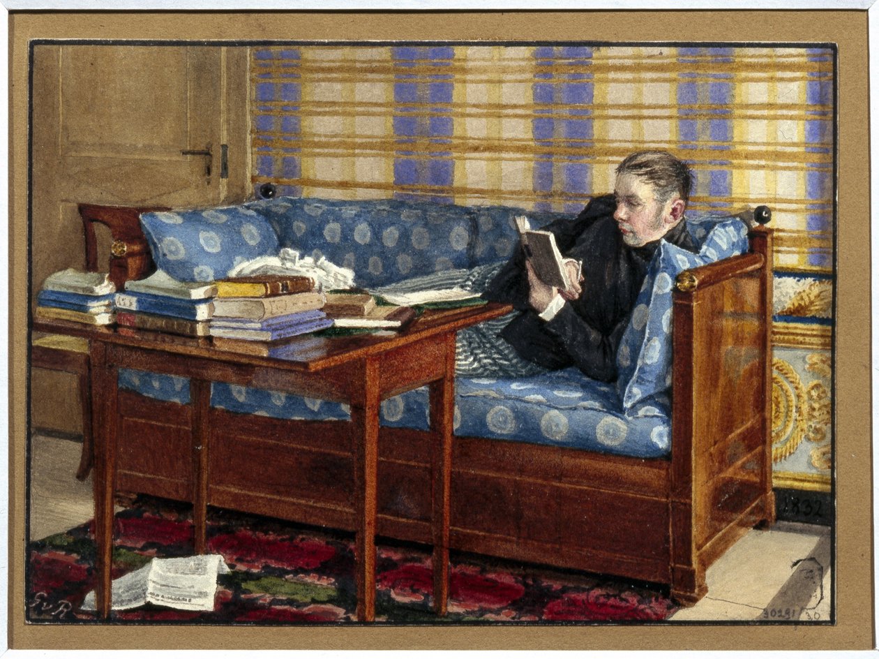 Portrett av poeten Vasili Zoukovsky (1783-1852). (Portrett av poeten Vasily Zhukovsky). Liggende på en sofa leser han, foran seg, hauger med bøker på et bord. Verk av Gerhard Wilhelm von Reutern (1794-1865), blyant og akvarell på papir av Gerhard Wilhelm von Reutern